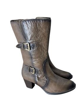 EARTH New Larch Boots Brown Taupe Leather Mid Calf Inner Zipper Buckles Heel 8